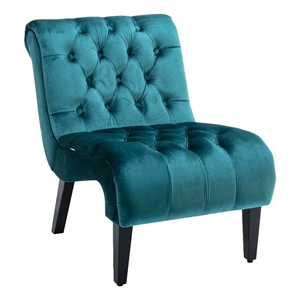 Zulfi Accent Chair with Tufted Back and Wooden Legs- Teal Velvet