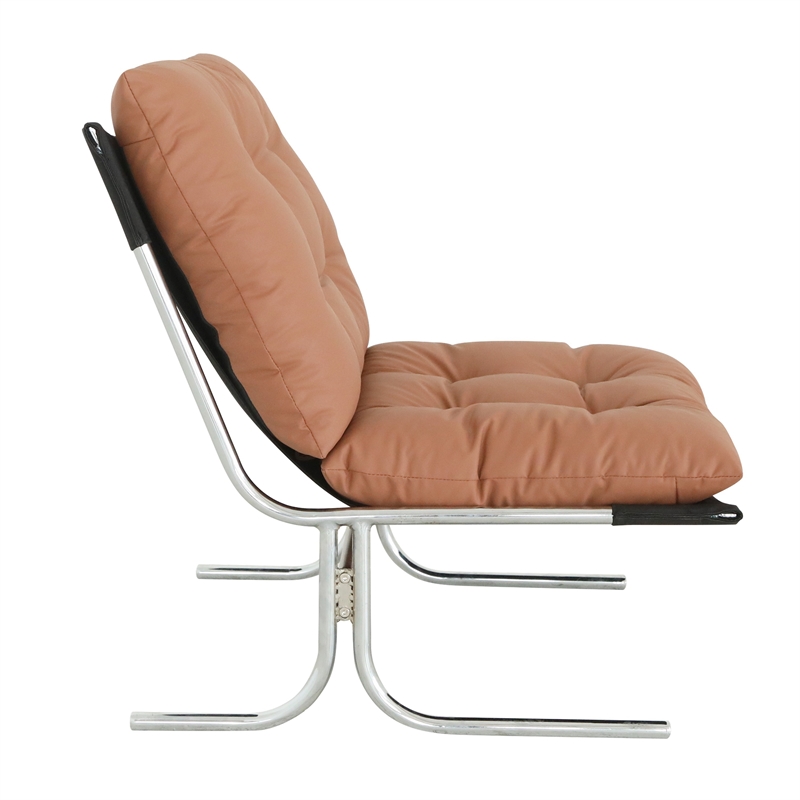 Edens Accent Chair with Chrome Metal Frame- Brown Tufted Faux Leather