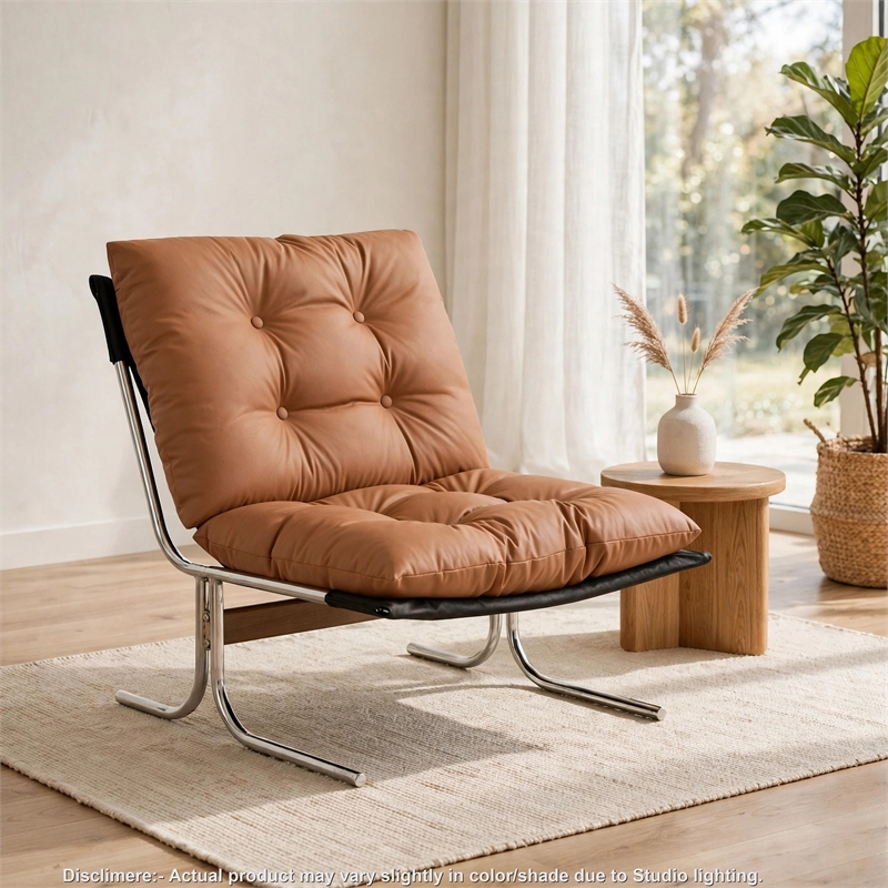 Edens Accent Chair with Chrome Metal Frame- Brown Tufted Faux Leather