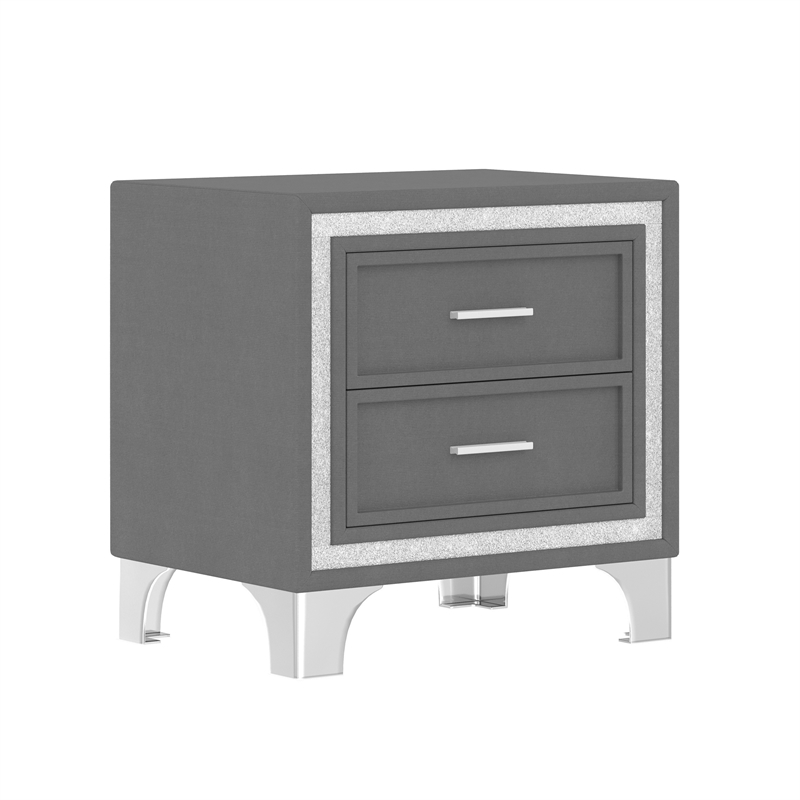 Lizzy Nightstand with Glitter Trim- Metal Legs- 2 Drawers- Gray Velvet