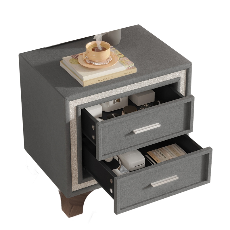 Lizzy Nightstand with Glitter Trim- Metal Legs- 2 Drawers- Gray Velvet