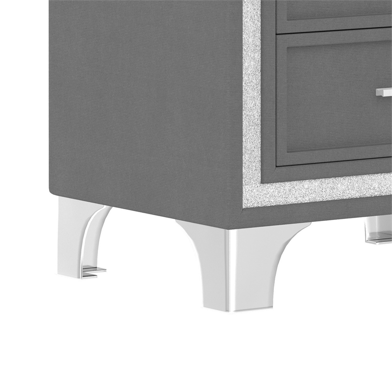 Lizzy Nightstand with Glitter Trim- Metal Legs- 2 Drawers- Gray Velvet