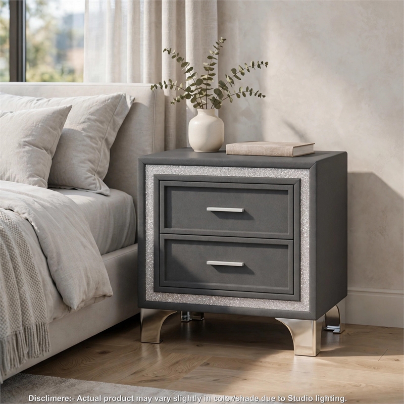 Lizzy Nightstand with Glitter Trim- Metal Legs- 2 Drawers- Gray Velvet
