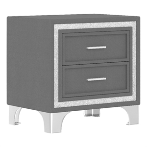 Lizzy Nightstand with Glitter Trim- Metal Legs- 2 Drawers- Gray Velvet