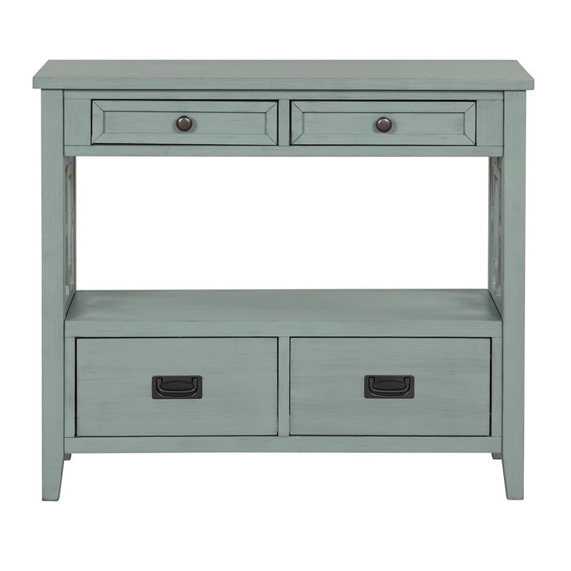 Freddy Sofa Console Table- 4 Drawers and Shelf- Blue Pine Wood 36 Inch
