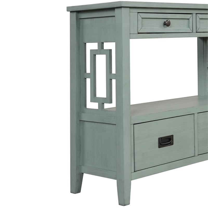 Freddy Sofa Console Table- 4 Drawers and Shelf- Blue Pine Wood 36 Inch