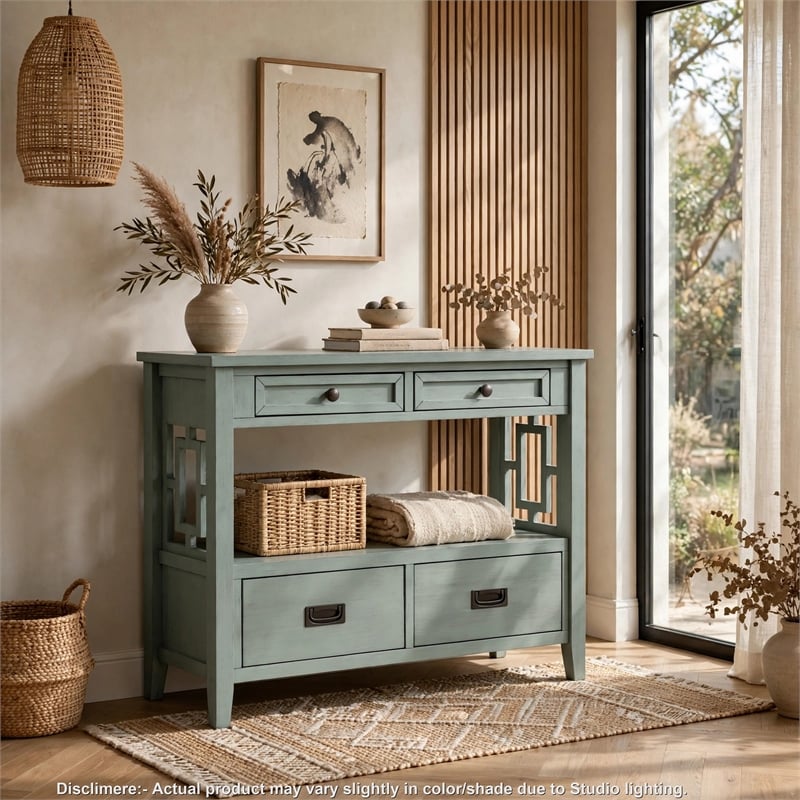 Freddy Sofa Console Table- 4 Drawers and Shelf- Blue Pine Wood 36 Inch