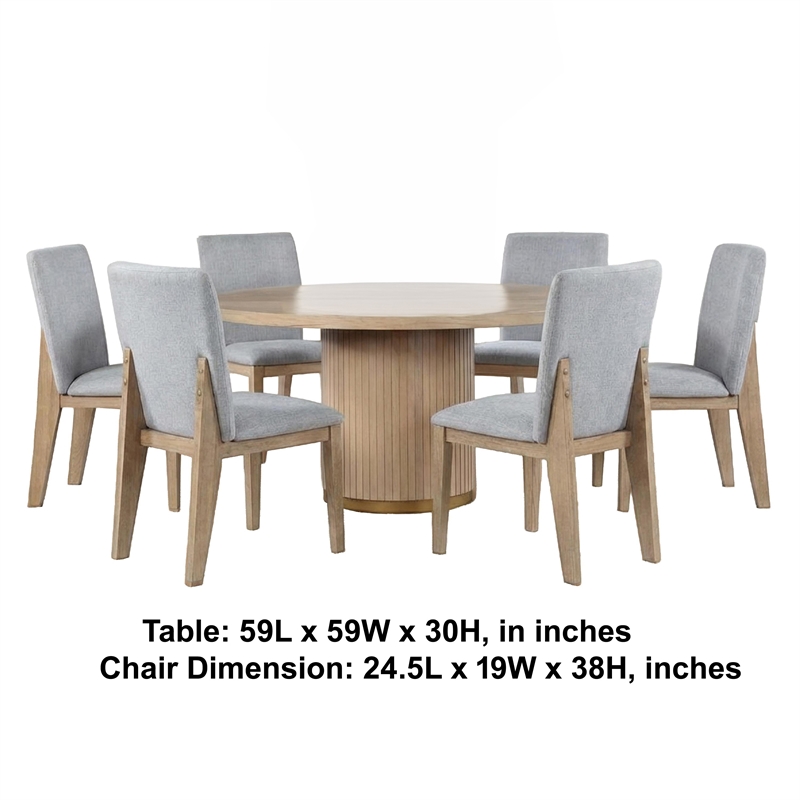 Emi 7Pc Round Dining Table Set- Oak Brown Pedestal Base- Gray Linen