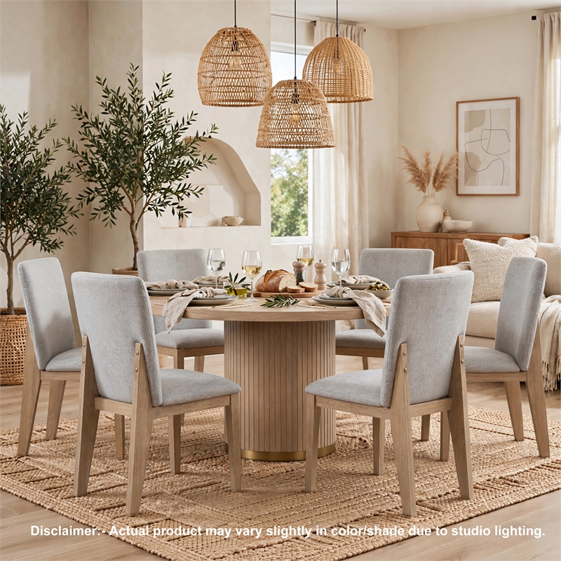 Emi 7Pc Round Dining Table Set- Oak Brown Pedestal Base- Gray Linen