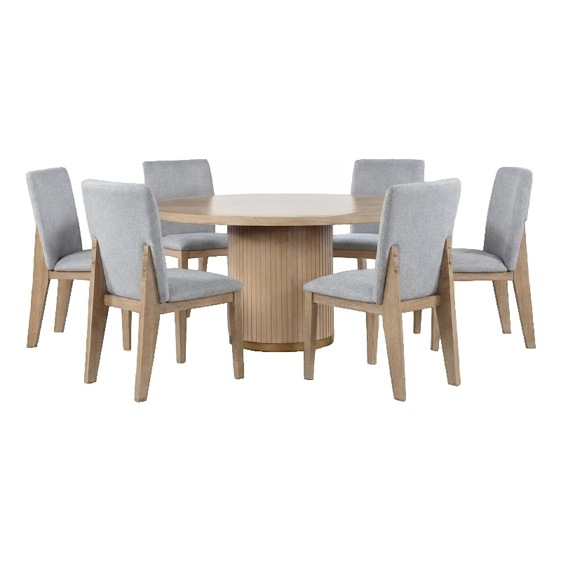 Emi 7Pc Round Dining Table Set- Oak Brown Pedestal Base- Gray Linen