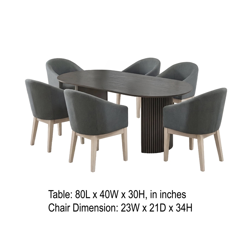 Beny 7pc Oval Dining Table Set- Fluted Pedestal Base- Wood- Gray Fabric