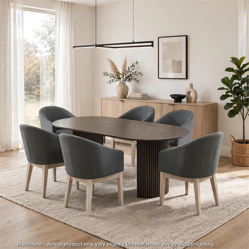 Beny 7pc Oval Dining Table Set- Fluted Pedestal Base- Wood- Gray Fabric