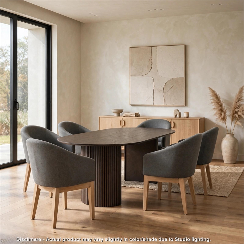 Beny 7pc Oval Dining Table Set- Fluted Pedestal Base- Wood- Gray Fabric