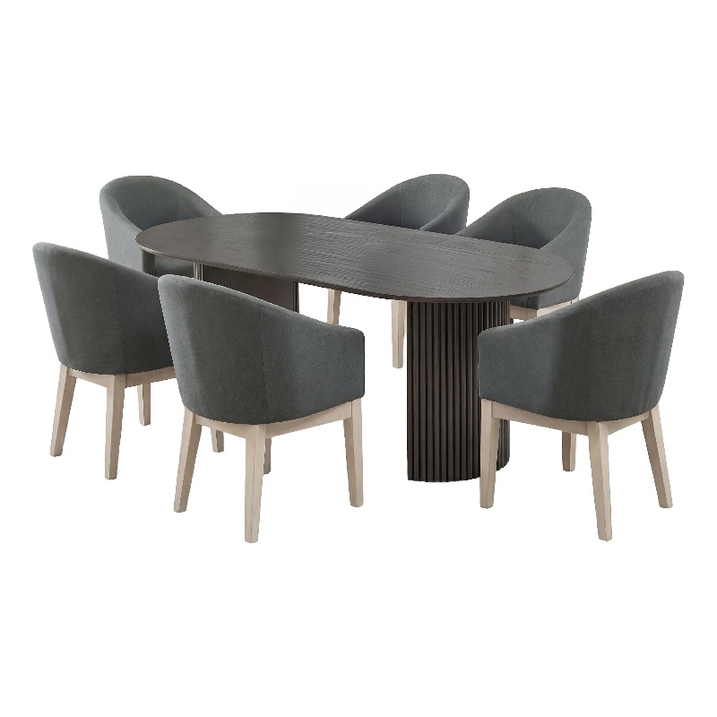 Beny 7pc Oval Dining Table Set- Fluted Pedestal Base- Wood- Gray Fabric
