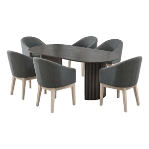 Beny 7pc Oval Dining Table Set- Fluted Pedestal Base- Wood- Gray Fabric