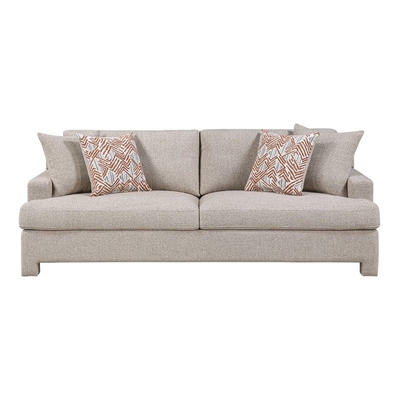 Evany Sofa with 4 Accent Pillows- Upholstered Legs- Taupe Chenille