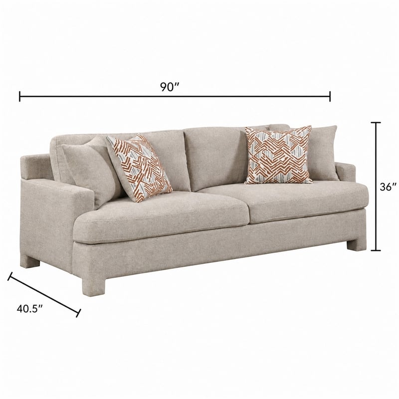 Evany Sofa with 4 Accent Pillows- Upholstered Legs- Taupe Chenille