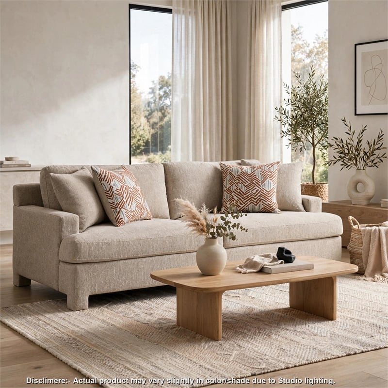 Evany Sofa with 4 Accent Pillows- Upholstered Legs- Taupe Chenille