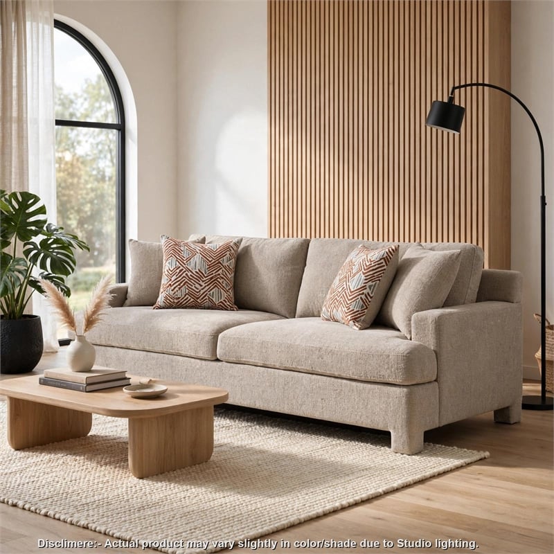 Evany Sofa with 4 Accent Pillows- Upholstered Legs- Taupe Chenille