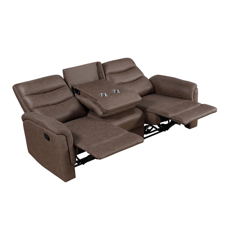 Meloni Double Glider Reclining Sofa- Drop-Down Table- Brown Microfiber
