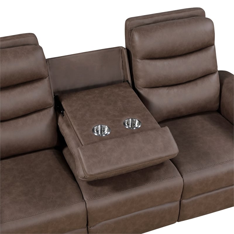 Meloni Double Glider Reclining Sofa- Drop-Down Table- Brown Microfiber