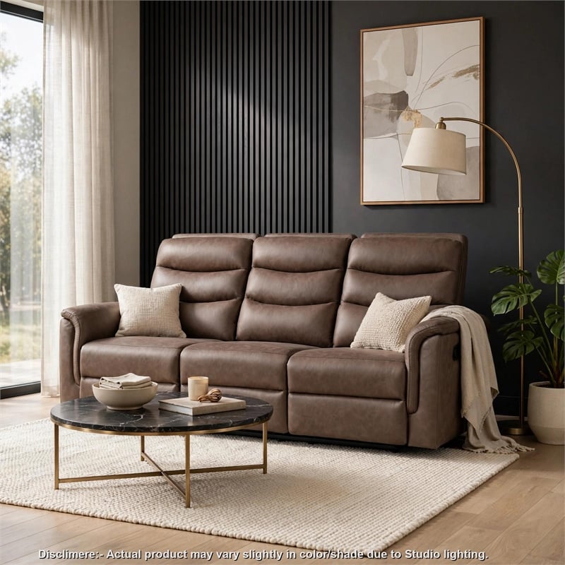 Meloni Double Glider Reclining Sofa- Drop-Down Table- Brown Microfiber