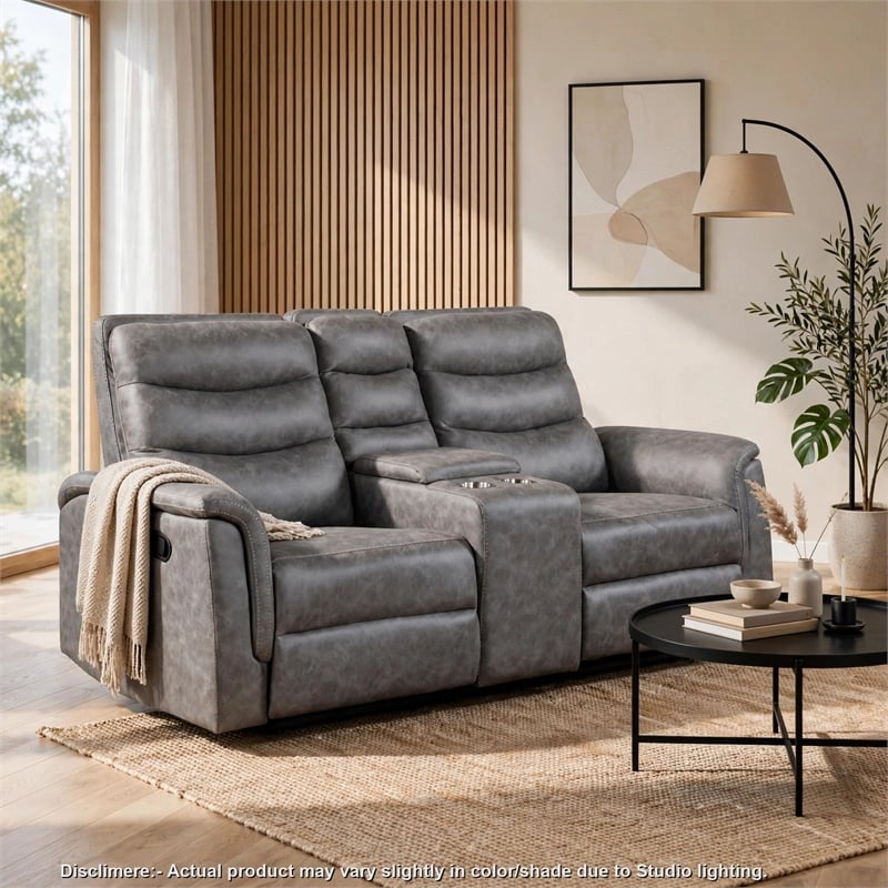 Meloni Glider Reclining Loveseat- Console and Holders- Gray Microfiber