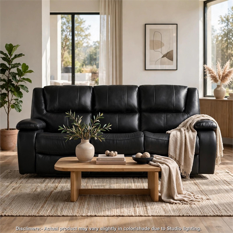 Licot Double Manual Reclining Sofa- 3 Seater- Black Top Grain Leather