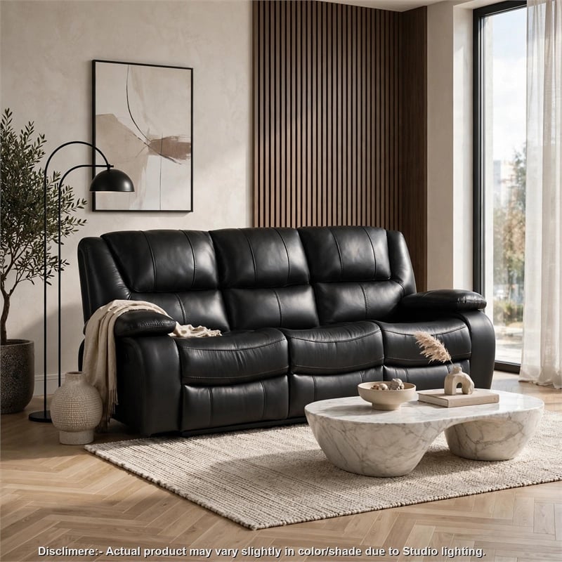 Licot Double Manual Reclining Sofa- 3 Seater- Black Top Grain Leather