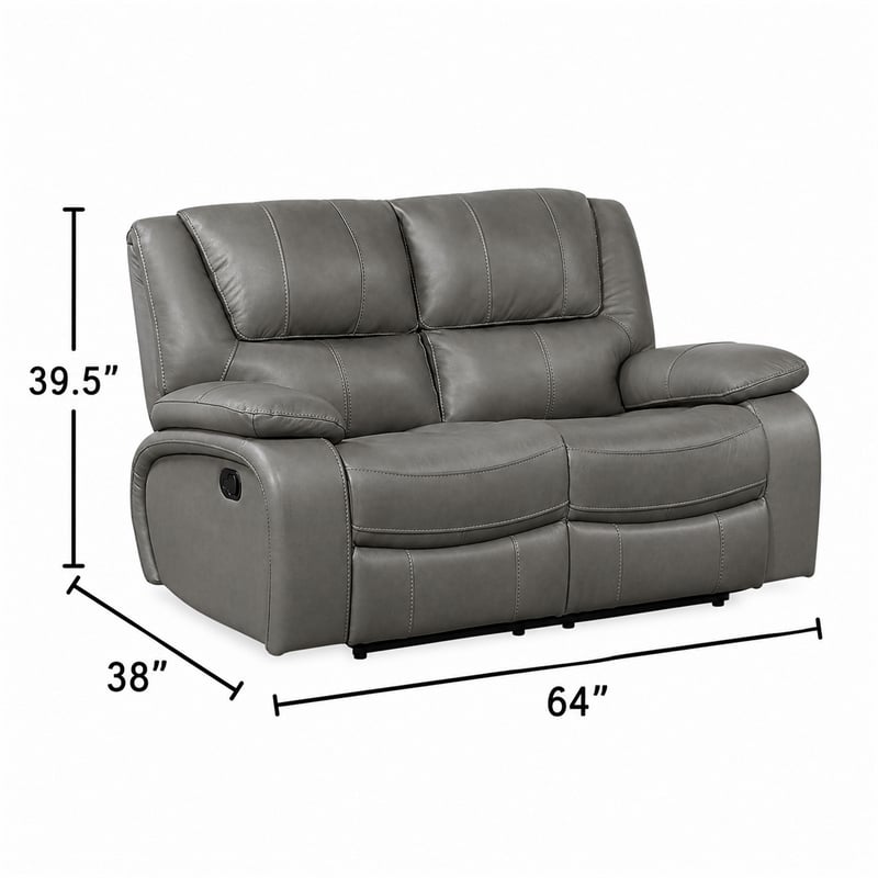 Licot Double Manual Reclining Loveseat- Foam Fill Gray Top Grain Leather