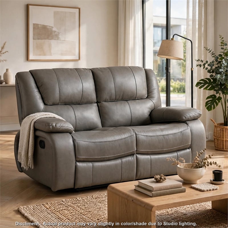 Licot Double Manual Reclining Loveseat- Foam Fill Gray Top Grain Leather