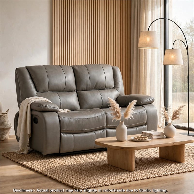 Licot Double Manual Reclining Loveseat- Foam Fill Gray Top Grain Leather