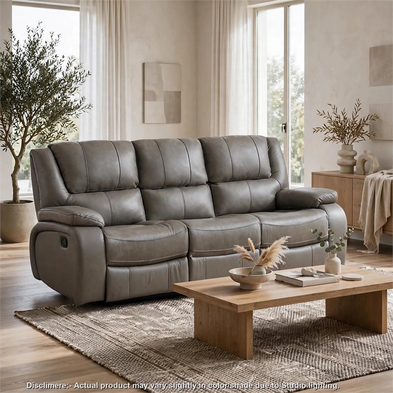 Licot Double Manual Reclining Sofa- 3 Seater- Gray Top Grain Leather