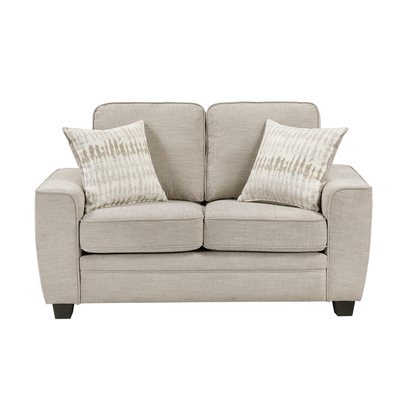 Zoya Loveseat w 2 Pillows- Track Arms- Foam Fill Taupe Chenille 61 Inch