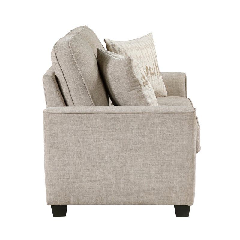 Zoya Loveseat w 2 Pillows- Track Arms- Foam Fill Taupe Chenille 61 Inch