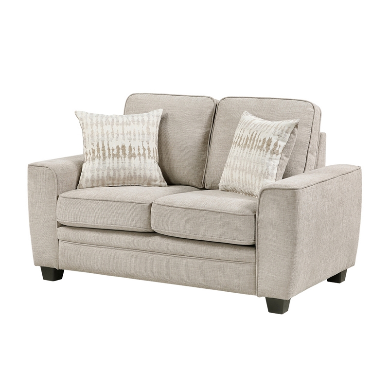 Zoya Loveseat w 2 Pillows- Track Arms- Foam Fill Taupe Chenille 61 Inch
