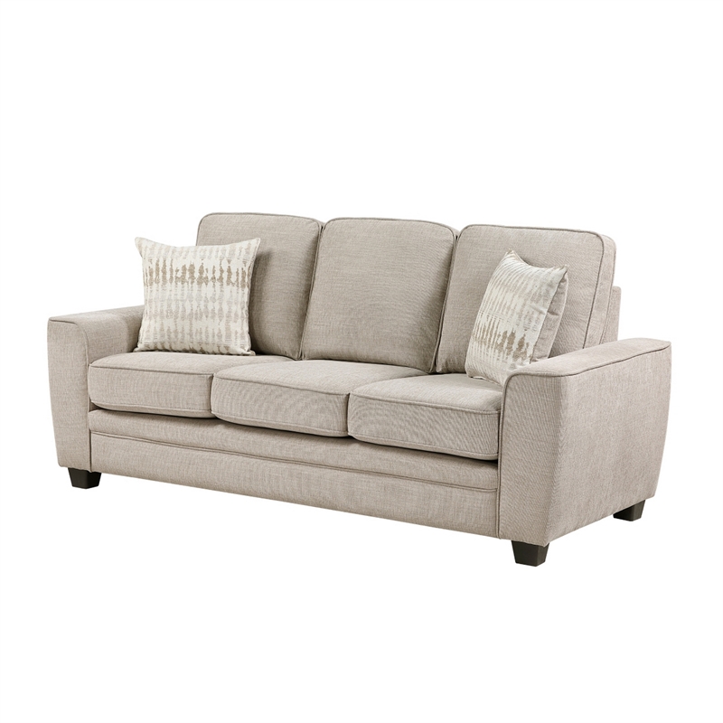 Zoya Sofa w 2 Pillows- Track Arms- Foam Fill Taupe Chenille 83 Inch