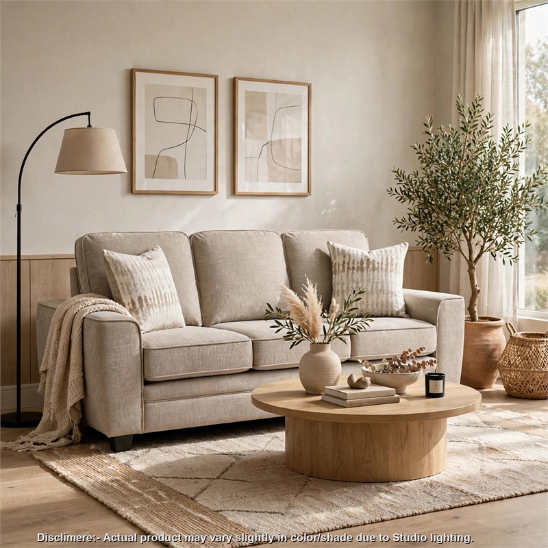 Zoya Sofa w 2 Pillows- Track Arms- Foam Fill Taupe Chenille 83 Inch