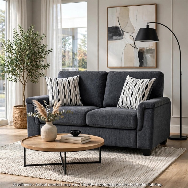 Deva Loveseat w 2 Pillows- Contoured Arms- Dark Gray Chenille 60 Inch