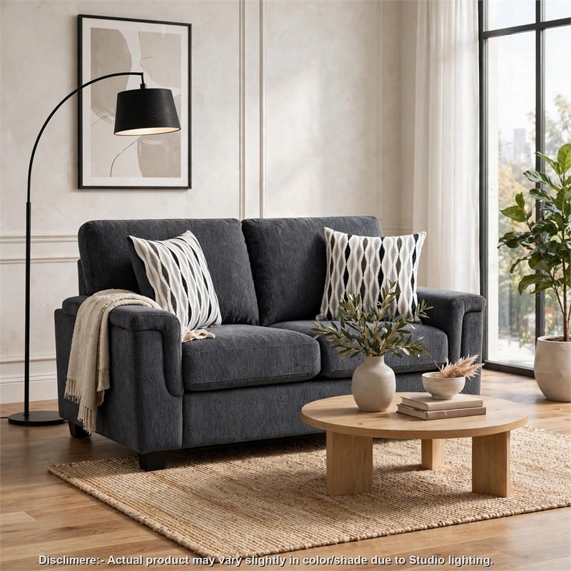 Deva Loveseat w 2 Pillows- Contoured Arms- Dark Gray Chenille 60 Inch
