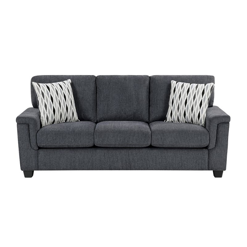 Deva Sofa w 2 Pillows- Contoured Arms- Dark Gray Chenille- Black 82 Inch