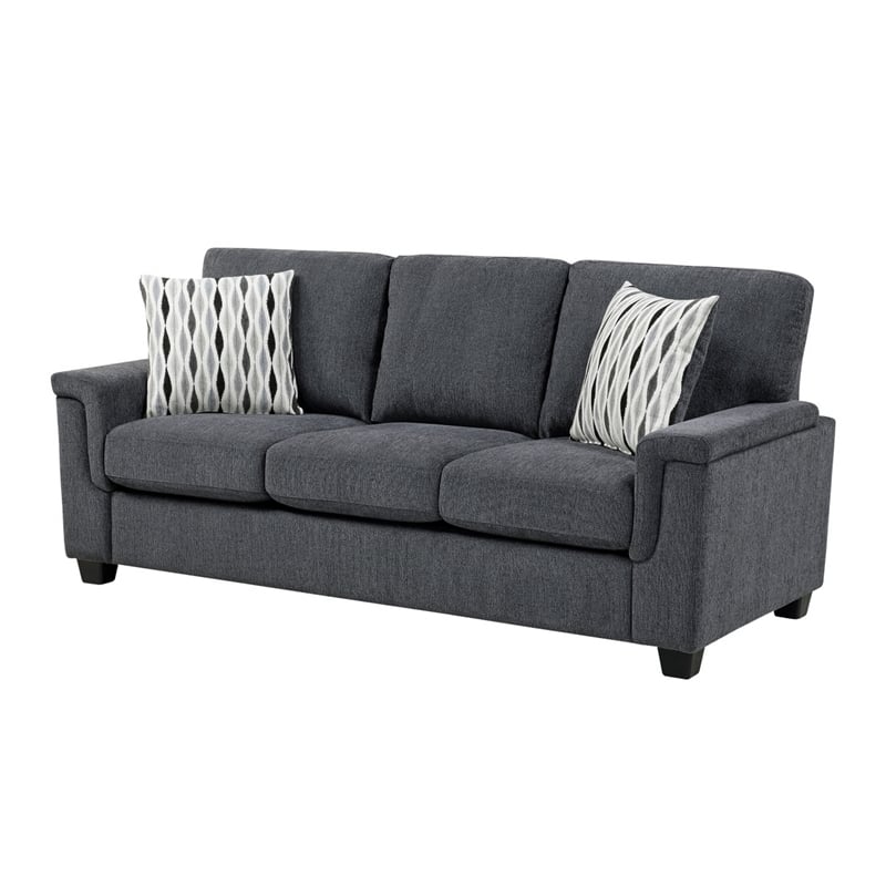 Deva Sofa w 2 Pillows- Contoured Arms- Dark Gray Chenille- Black 82 Inch