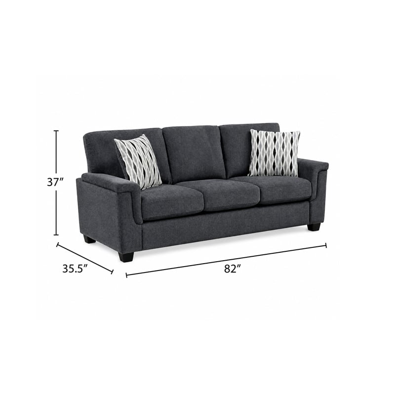 Deva Sofa w 2 Pillows- Contoured Arms- Dark Gray Chenille- Black 82 Inch