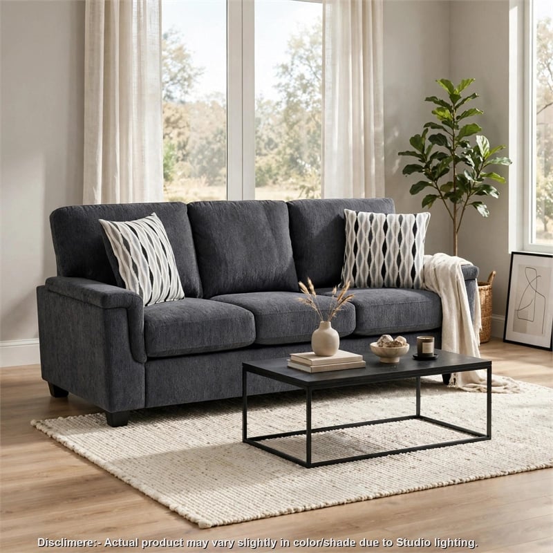Deva Sofa w 2 Pillows- Contoured Arms- Dark Gray Chenille- Black 82 Inch