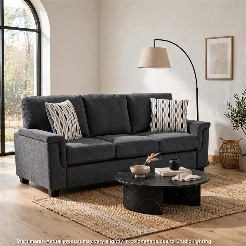 Deva Sofa w 2 Pillows- Contoured Arms- Dark Gray Chenille- Black 82 Inch