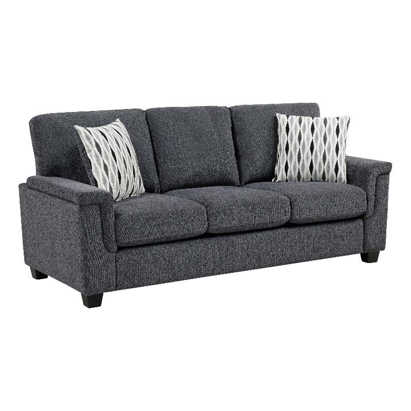 Deva Sofa w 2 Pillows- Contoured Arms- Dark Gray Chenille- Black 82 Inch