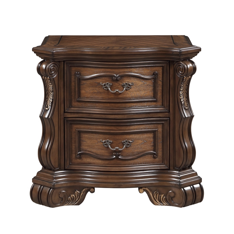 Gony Nightstand- 2 Drawers- Traditional Carving- Gold Accents- Dark Brown