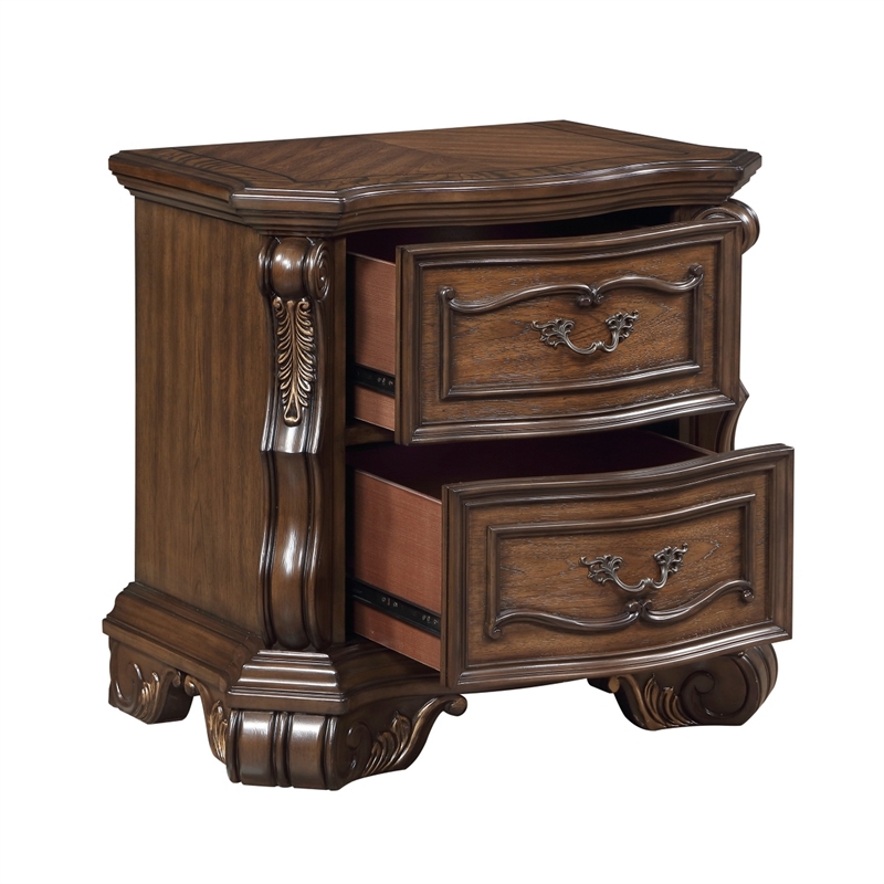 Gony Nightstand- 2 Drawers- Traditional Carving- Gold Accents- Dark Brown