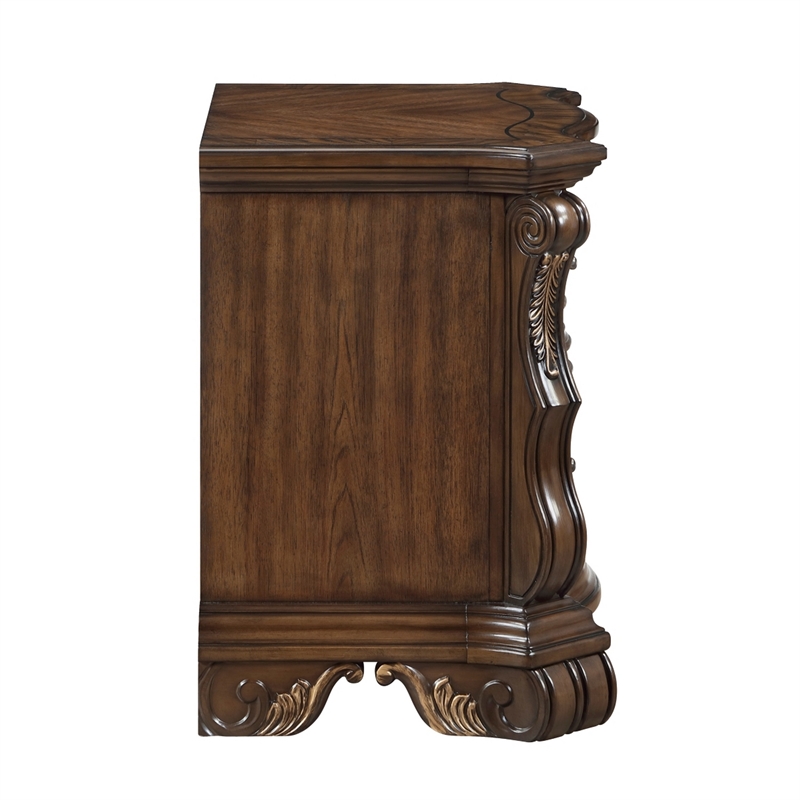 Gony Nightstand- 2 Drawers- Traditional Carving- Gold Accents- Dark Brown
