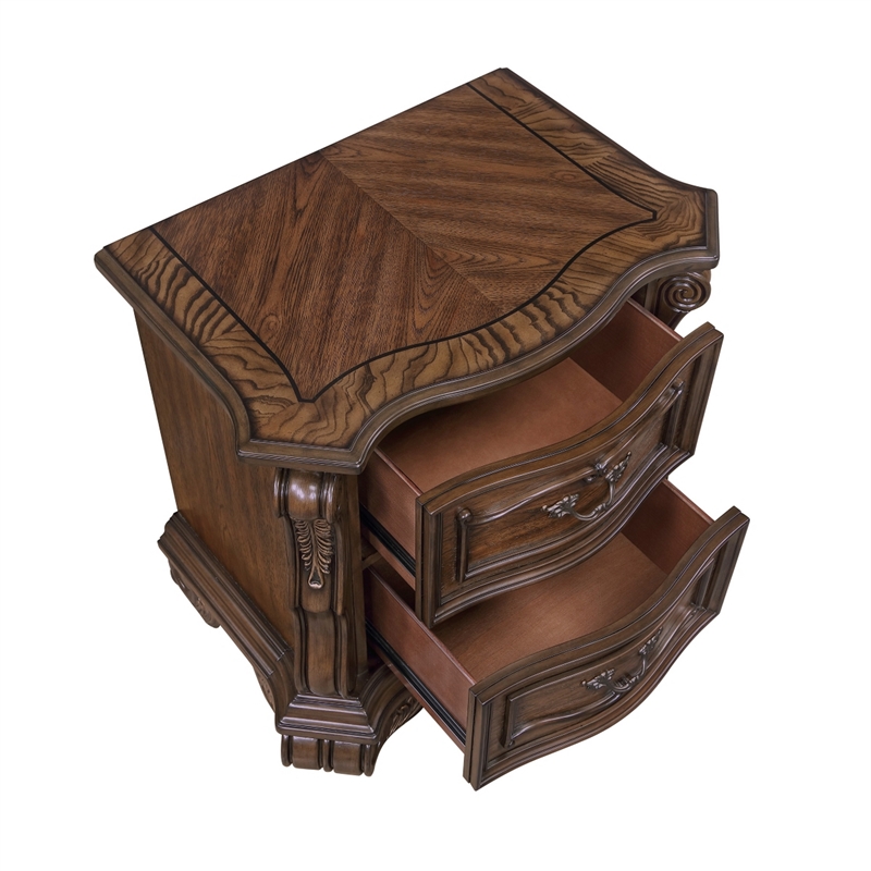 Gony Nightstand- 2 Drawers- Traditional Carving- Gold Accents- Dark Brown